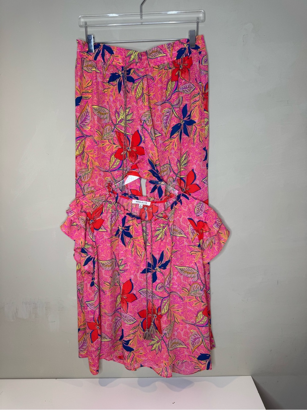 Rose + Olive Floral Matching Set Pink Blouse Size XL & Pants Size L - Picture 3 of 16